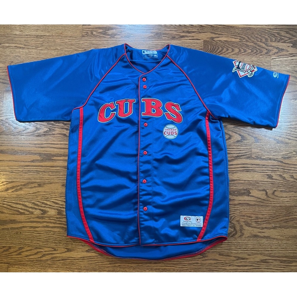 True Fan Chicago Cubs MLB Baseball Jersey Mens Large Blue Red Button Front Mesh